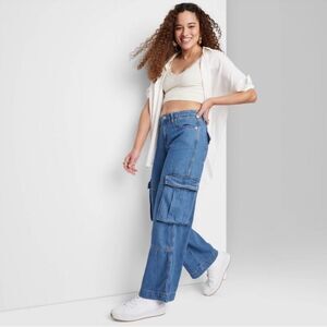 NWT Wild Fable Mid-Rise Cargo Baggy Wide Leg Utility Jeans Size 12 X 31.5"